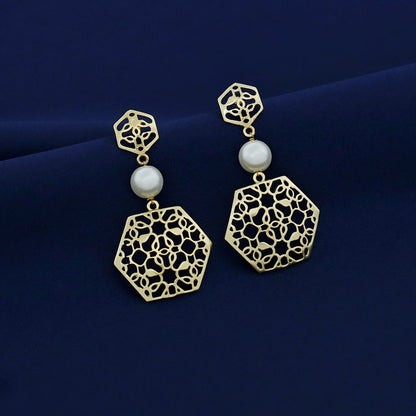 Golden Dual Hexagon Pearl Earring