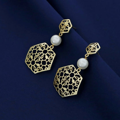 Golden Dual Hexagon Pearl Earring